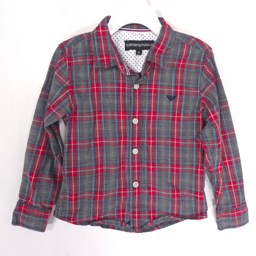EMPORIO ARMANI Kids Boys 4 Button Down Shirt Eagle Logo Red Gray Plaid